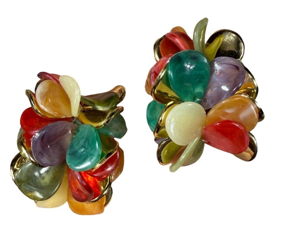 Vintage Multicolor Lucite Petal Cluster Clip On Earrings Gold Tone Statement
